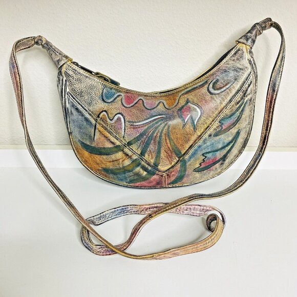 Vintage BOTARY 1980s Hand Painted Genuine Leather Shoulder Bag Art Deco - Picture 1 of 10